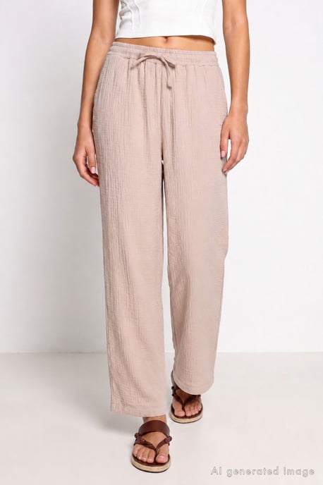 Wide Leg Drawstring Waist Pants with Binding Detail - Image 4