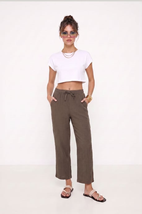 Wide Leg Drawstring Waist Pants with Binding Detail - Image 1