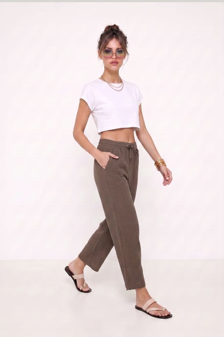 Wide Leg Drawstring Waist Pants with Binding Detail - Image 2