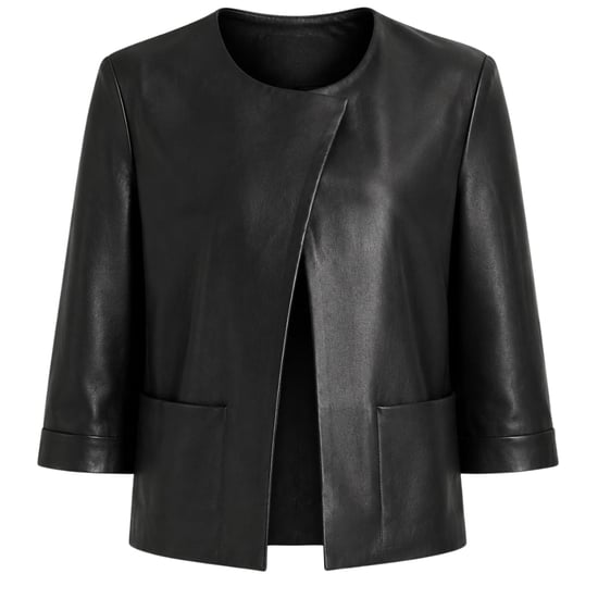 Ted Baker Obino Short Sleeve Black Leather Open Front Jacket - Image 1