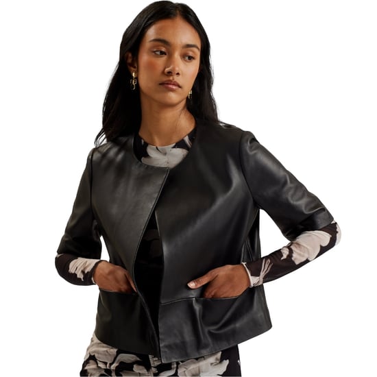 Ted Baker Obino Short Sleeve Black Leather Open Front Jacket - Image 4