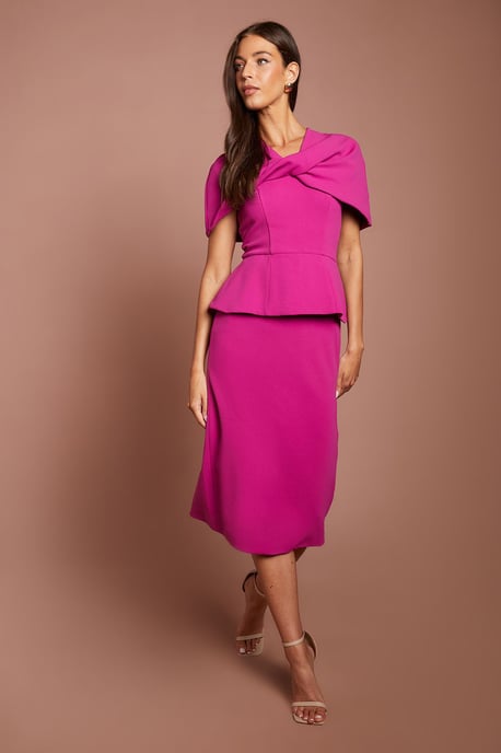 Twist Front Cape Sleeve Pencil Midi Dress With Peplum - Image 1