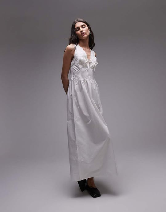 Topshop knyt framtill broderad midi-klänning i vitt - Image 3
