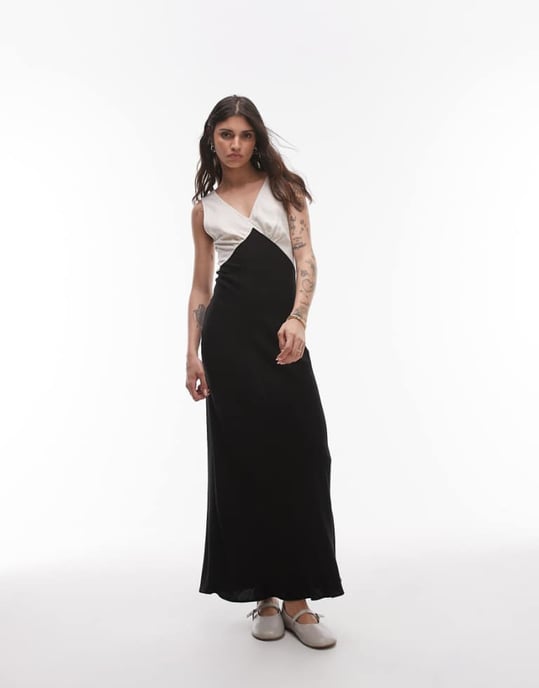 Topshop djup v kontrast linne midi klänning i svart - Image 1