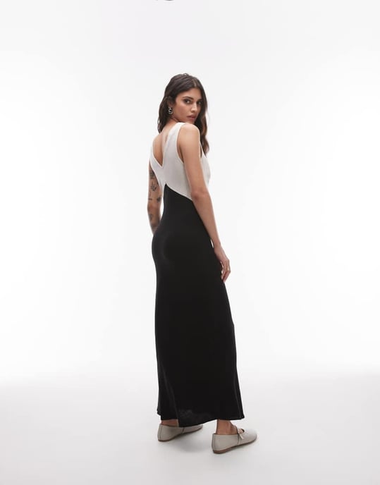 Topshop djup v kontrast linne midi klänning i svart - Image 3
