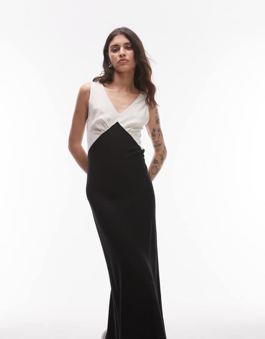 Topshop djup v kontrast linne midi klänning i svart - Image 4