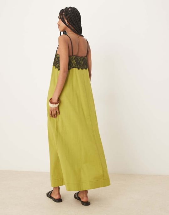 ASOS DESIGN midiklänning med spetsöverdrag i olivgrön - Image 2