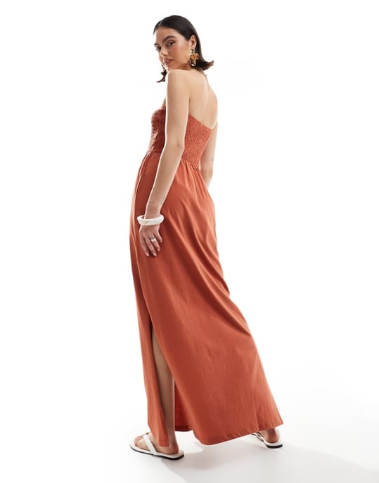 Sliten bandeau midi klänning med skräddad byst i rostbrun - Image 3
