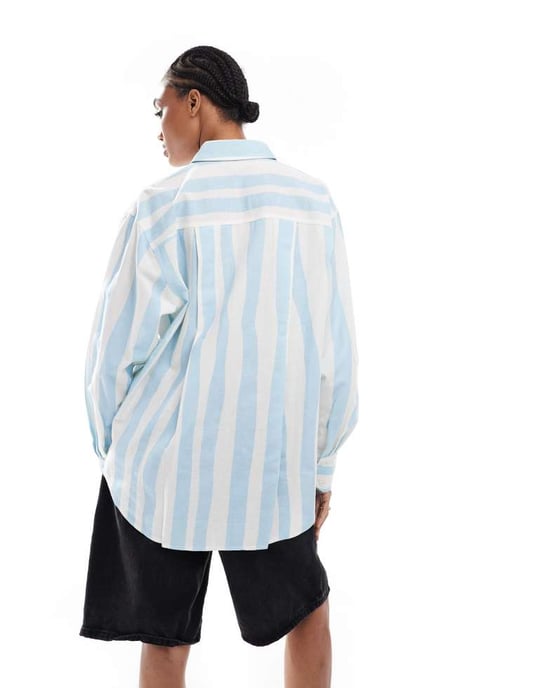 ASOS DESIGN Lång linneblandning oversized skjorta i suddig rand - Image 3