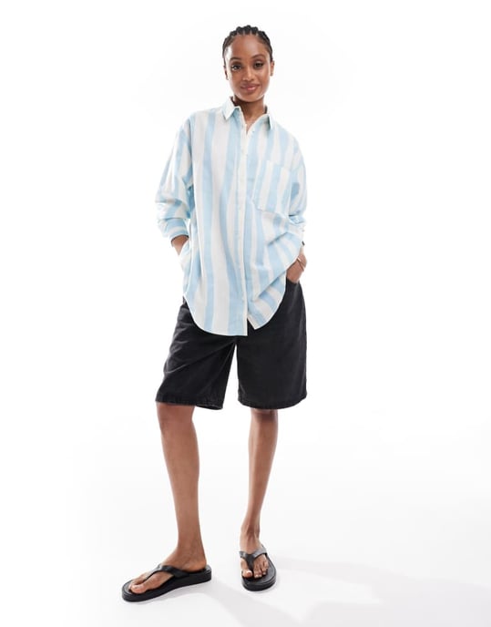 ASOS DESIGN Lång linneblandning oversized skjorta i suddig rand - Image 4