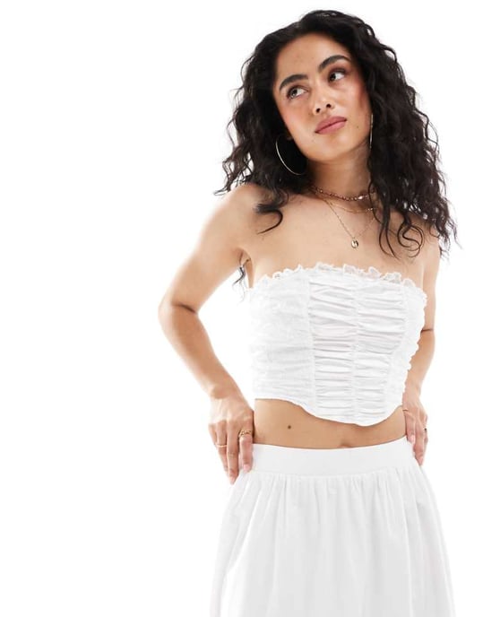 Miss Selfridge satin lace ruched bandeau top in cream - Image 1