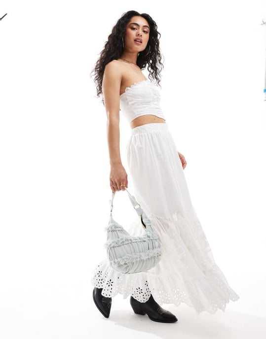 Miss Selfridge satin lace ruched bandeau top in cream - Image 2