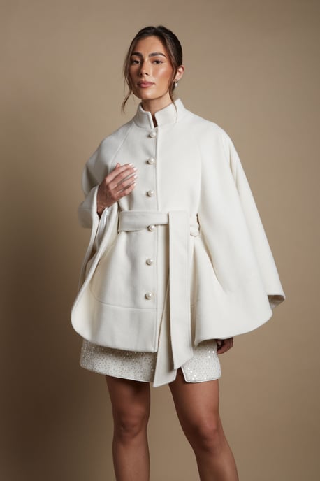 Faux Pearl Button Detail Belted Occasion Cape - Image 2