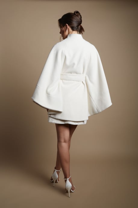 Faux Pearl Button Detail Belted Occasion Cape - Image 3