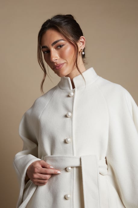 Faux Pearl Button Detail Belted Occasion Cape - Image 4