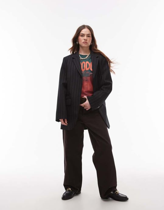 Topshop högslitställs skräddarsydd blazer i svart randig - Image 2
