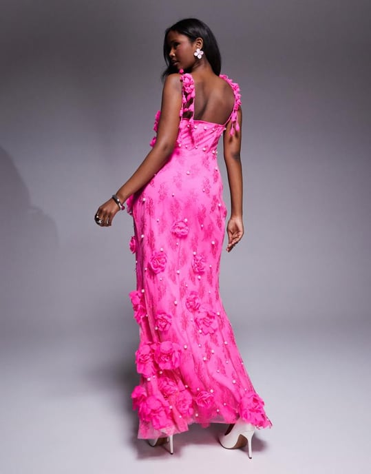 ASOS LUXE 3D blommor dekorerad spets maxiklänning i rosa - Image 3