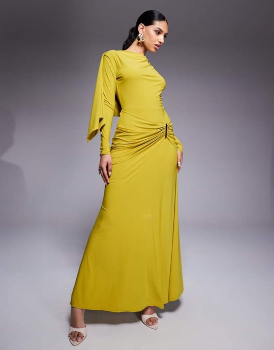 ASOS DESIGN långärmad draperad maxiklänning med fastsydd kjol och kant i lime - Image 3