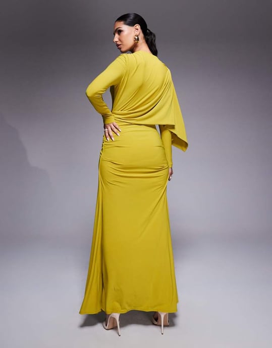 ASOS DESIGN långärmad draperad maxiklänning med fastsydd kjol och kant i lime - Image 4