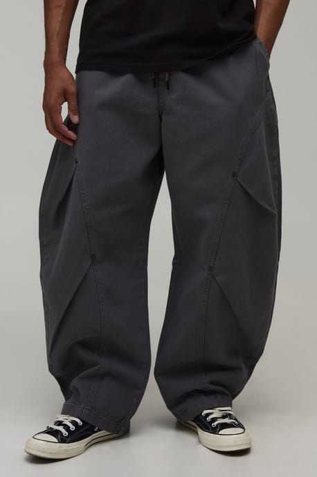 Elasticated Waist Balloon Fit Double Leg Pleat Detail Twill Trousers - Image 1
