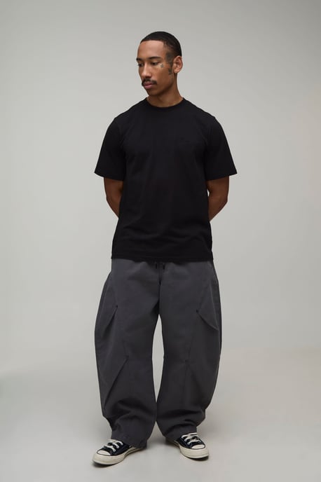 Elasticated Waist Balloon Fit Double Leg Pleat Detail Twill Trousers - Image 4