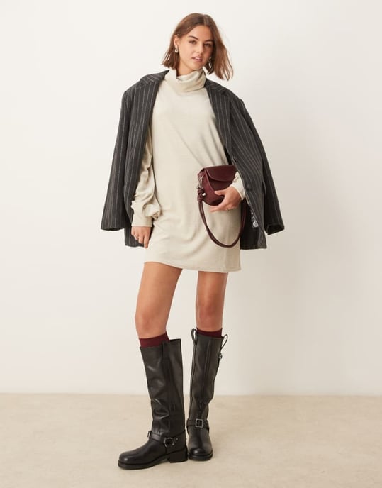 ASOS DESIGN chunky kord rullkrage slouchy mini klänning i sten - Image 2