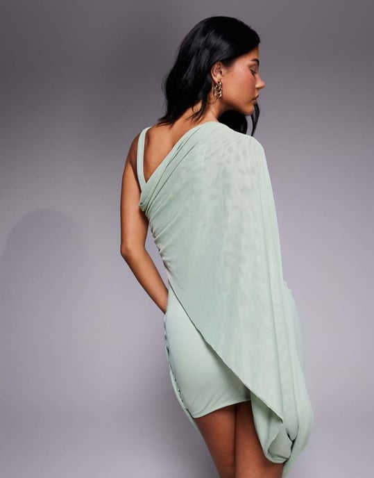 ASOS DESIGN mesh draperad miniklänning i salvia - Image 4