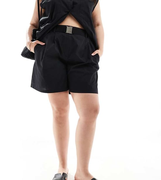 ONLY Curve belted high waist short co-ord in black - Image 1