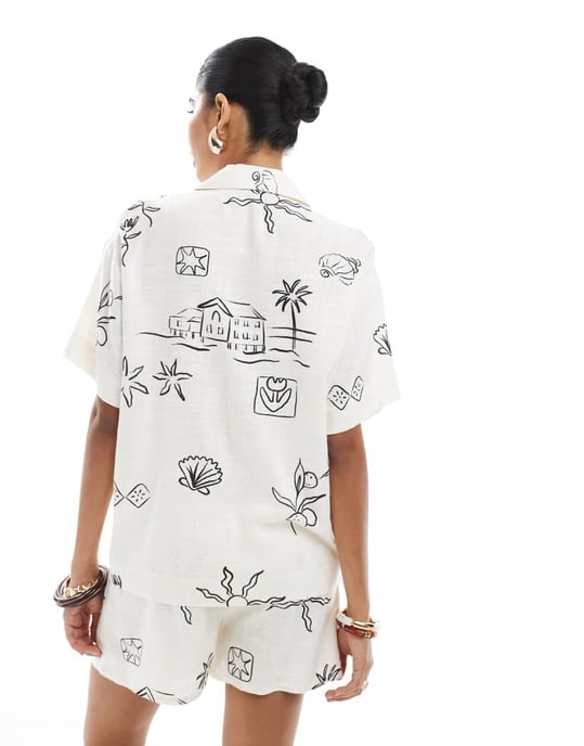 ASOS DESIGN linneblandning co-ord shorts i skissartad tryck - Image 3
