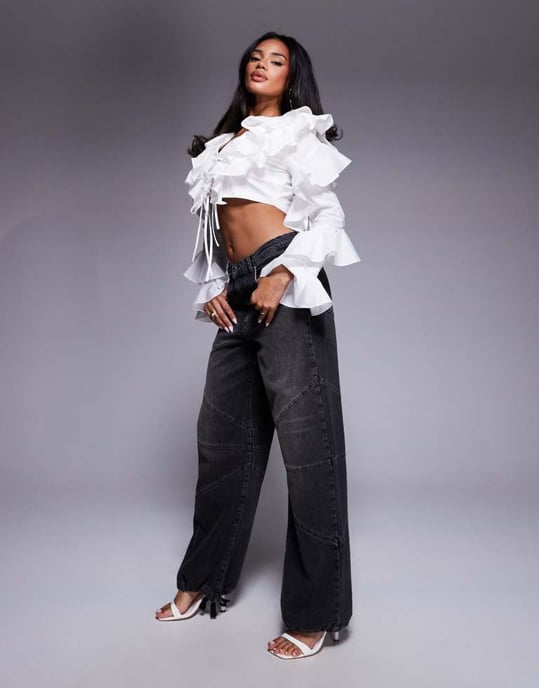 ASOS LUXE denim fatleggings med justerbar fåll i svart tvätt - Image 2