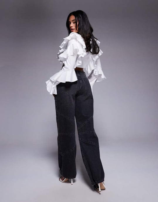 ASOS LUXE denim fatleggings med justerbar fåll i svart tvätt - Image 3
