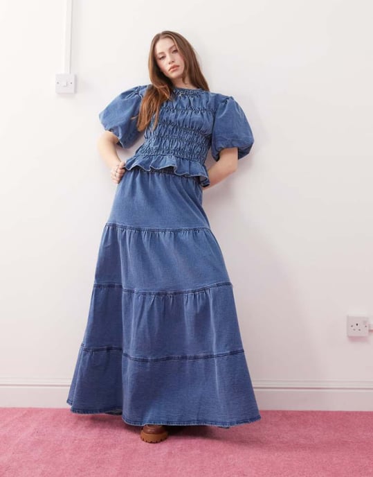 Återvunnen vintage tiered maxikjol co-ord i blå denimtvätt - Image 1