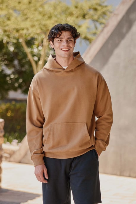 'Icon' Men's Logo Drop Shoulder Hoodie with Kangaroo Pocket Warm Sweatshirt Tan - Image 1