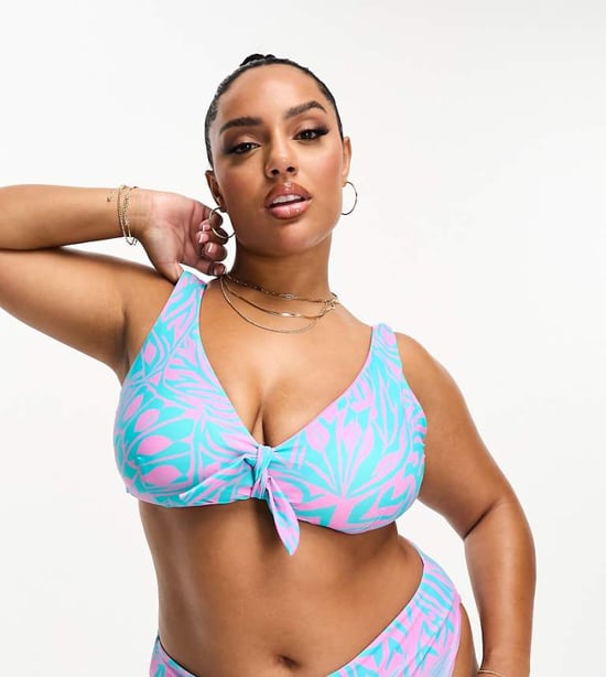 Simply Be reversible knot front bikini top in blue and pink print - Image 1
