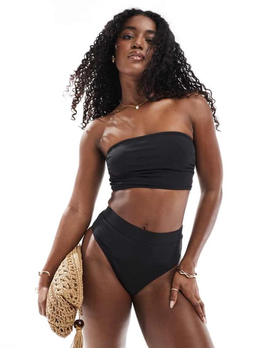 Sliten bandeau bikini-set med hög midja i svart - Image 1