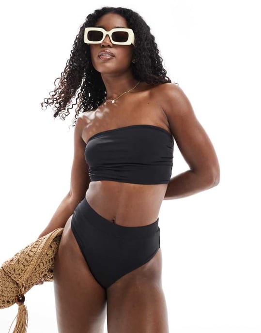 Sliten bandeau bikini-set med hög midja i svart - Image 4