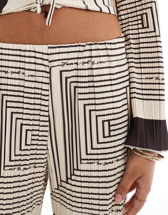 Object plisse wide leg trouser co-ord in brown abstract print - Image 4