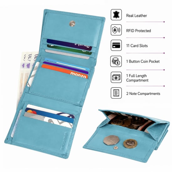 Women’s Small Leather Purse RFID Card Coin Wallet in Turquoise - Image 4