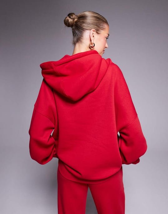 Kaiia bomullsmix sport broderad skriptlogotyp med dragsko hoodie set i röd och vit - Image 2