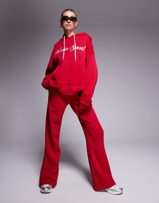 Kaiia bomullsmix sport broderad skriptlogotyp med dragsko hoodie set i röd och vit - Image 3