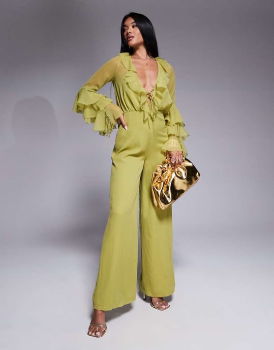 ASOS DESIGN långärmad jumpsuit med volanger och knytdetalj i olivgrön - Image 1