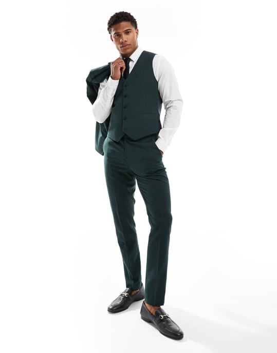 ASOS DESIGN skinny suit waistcoat in dark green herringbone - Image 3