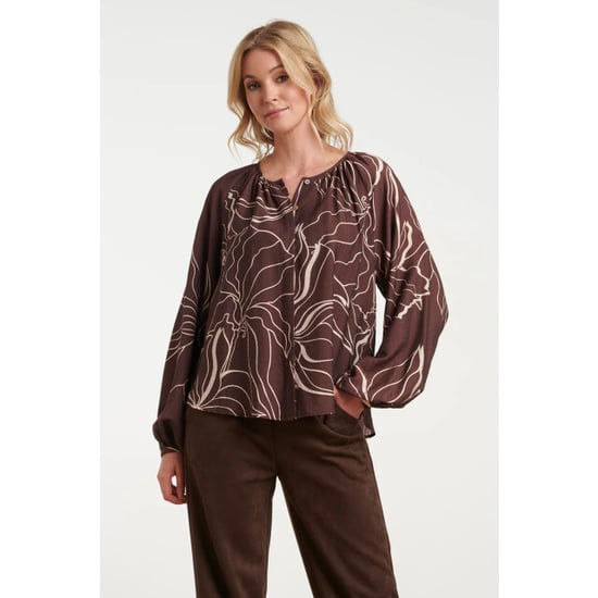 Smashed Lemon Doorgeknoopte blouse met grafische bloemenprint in bruin en crème | - Image 2