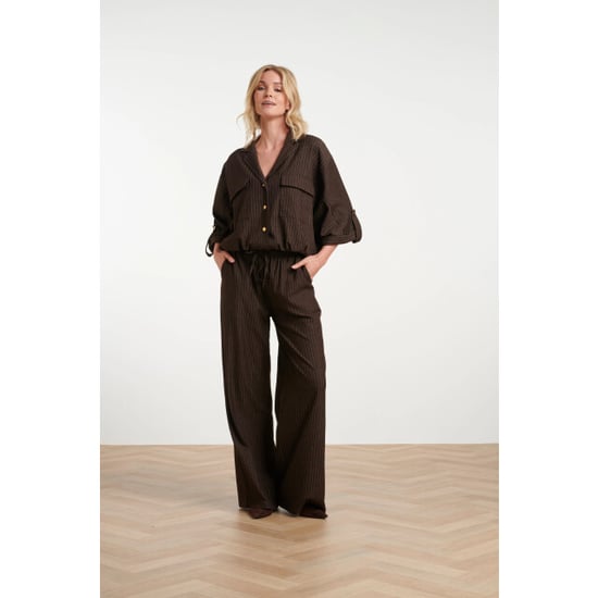 Smashed Lemon Donkerbruine broek met krijtstreep en elastische tailleband | - Image 1