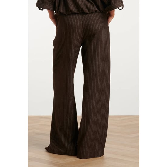 Smashed Lemon Donkerbruine broek met krijtstreep en elastische tailleband | - Image 4