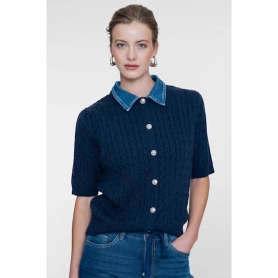 Geisha 64507-10 675 cardigan + denim collar navy/denim - Image 6