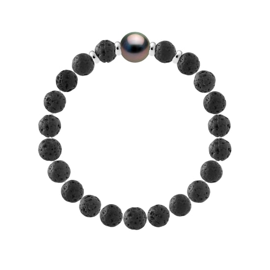 Tahitian Bracelet Natural Lava Stone - Genuine Round Tahitian Cultured Pearl 10-11 mm - 4 Silver - Image 2