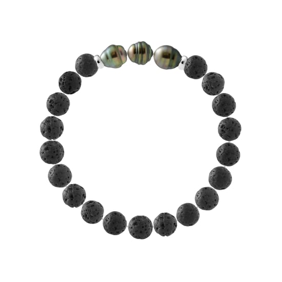 Tahitian Lava Stone Bracelet - 3 Genuine Tahitian Cultured Pearls 8-9 mm - 2 Silver 925 - Image 1