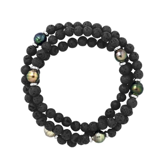 Tahitian Bracelet Triple Natural Lava Stone - 6 Genuine Tahitian Cultured Pearls Encircled 8-9 mm - Image 1