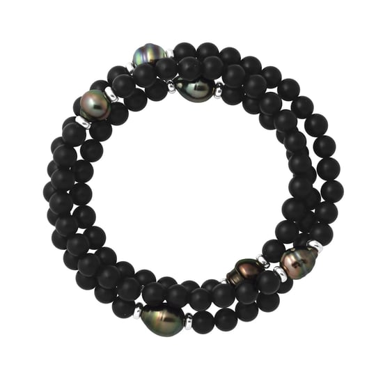 Tahitian Bracelet Triple Matte Black Agate - 6 Genuine Tahitian Cultured Pearls 8-9 mm - 12 - Image 2